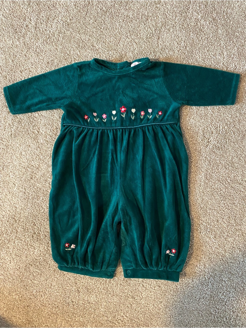 Vintage Carters green velour jumpsuit romper Floral embroidered baby 12 months